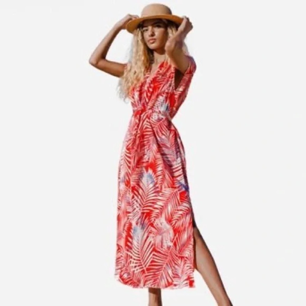Cupshe short sleeve read leafy wrap kaftan dress